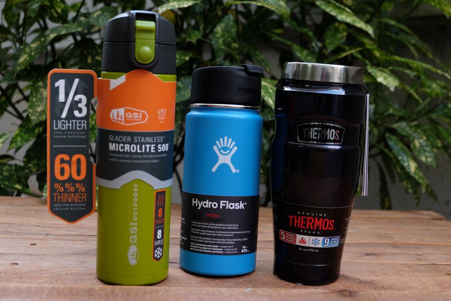GSI Microlight, HydroFlask Wide Mouth, Thermos King Mug